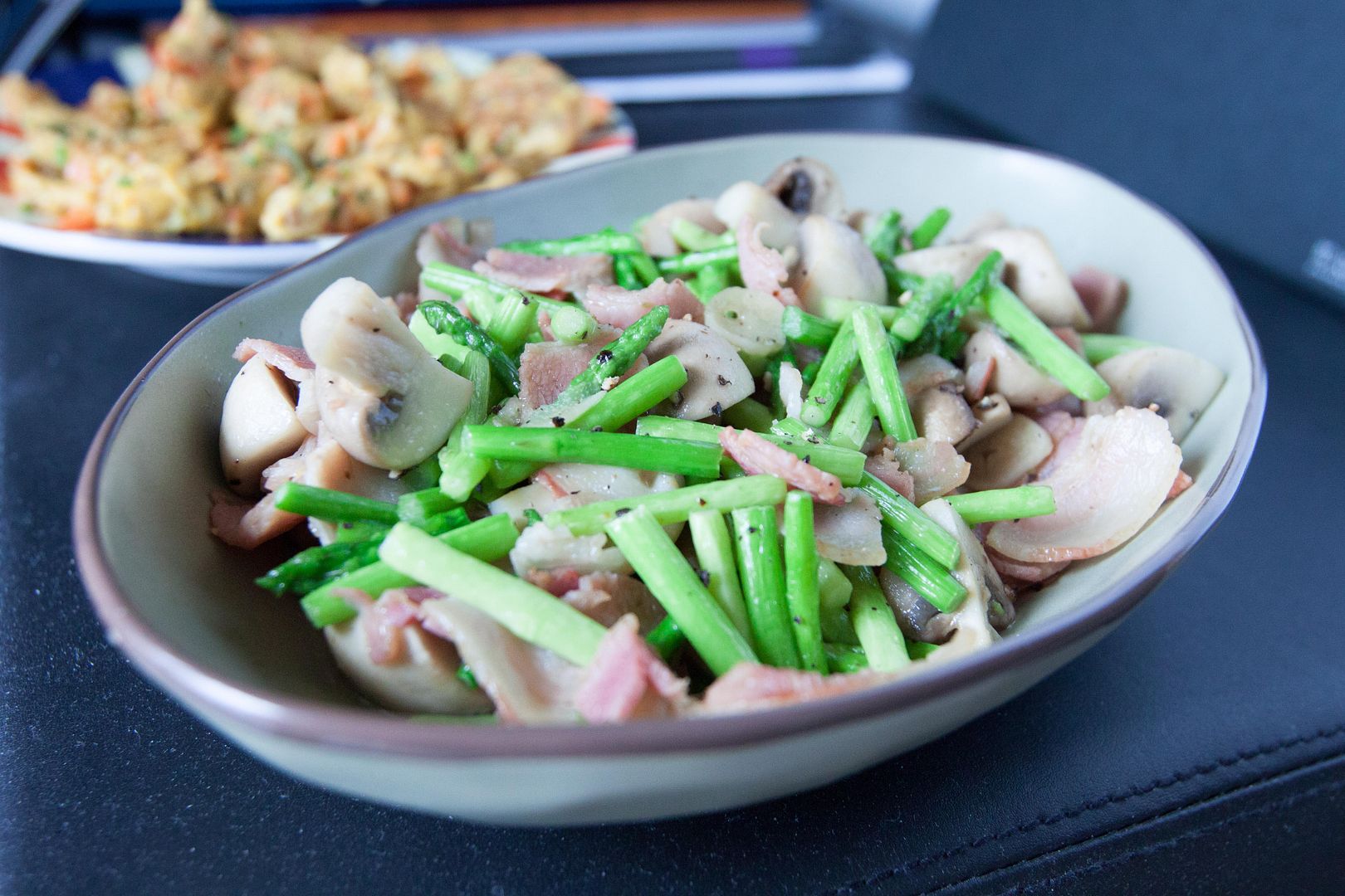 Food Makes Me Happy Asparagus StirFry with Button Mushrooms and Bacon